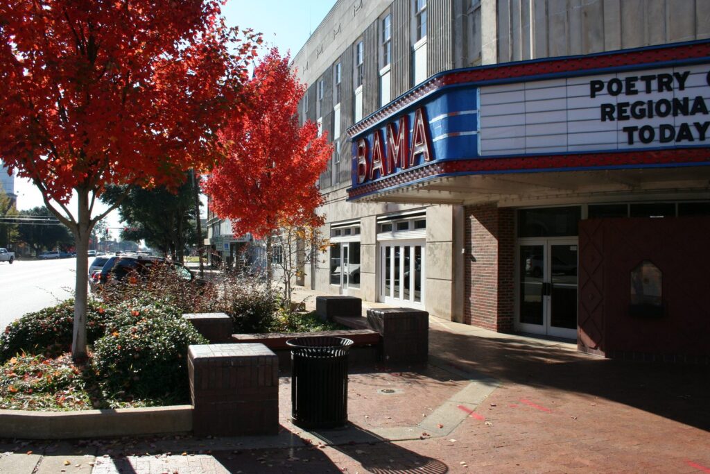 The Bama Theatre marquee in downtown Tuscaloosa, AL