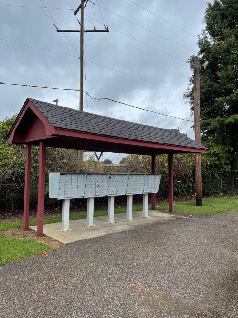 Covered community mailbox station at Bradford Trace Mobile Home Park, Hernando, MS