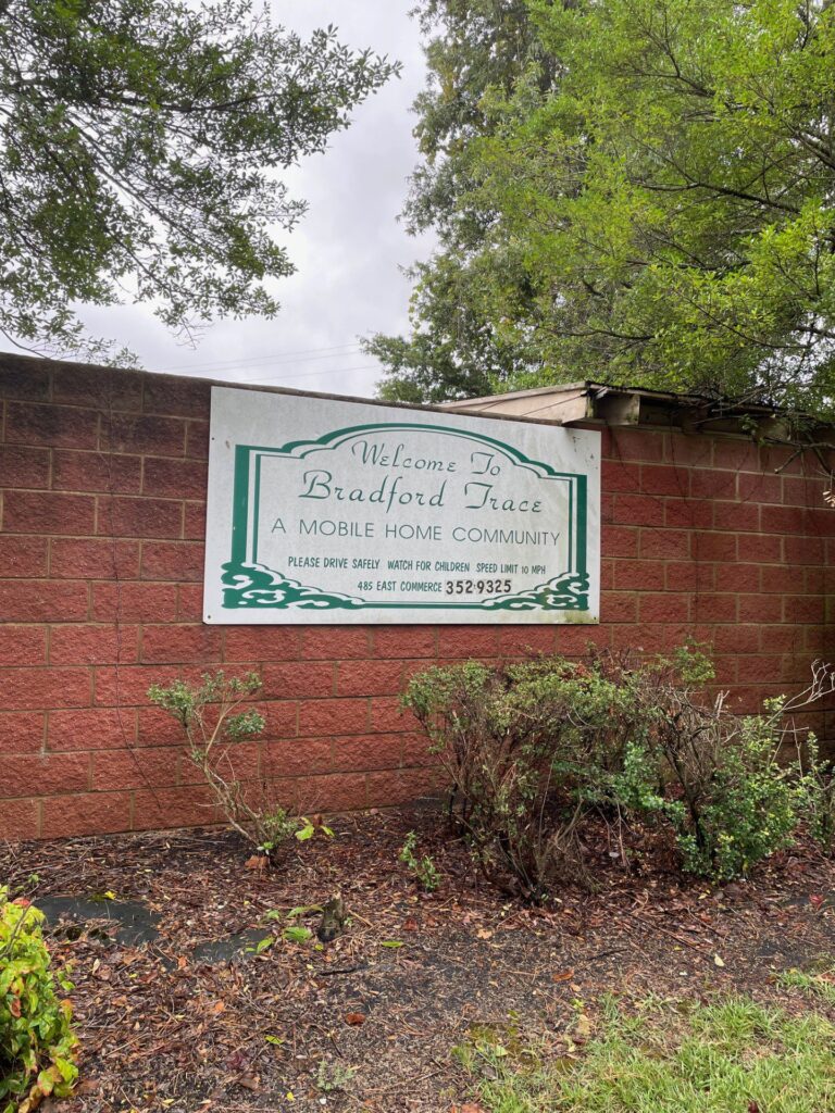 Welcome wall at the entrance of Bradford Trace Mobile Home Park, Hernando, MS