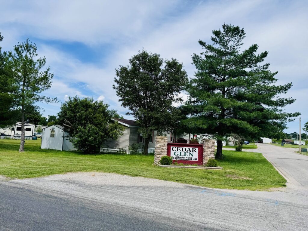 Cedar Glen Mobile Home Park entrance sign in Aurora, MO