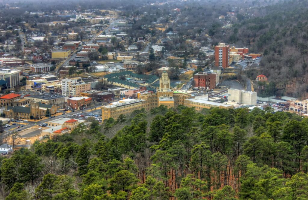 Hot Springs, AR town center among the Ouachita pines