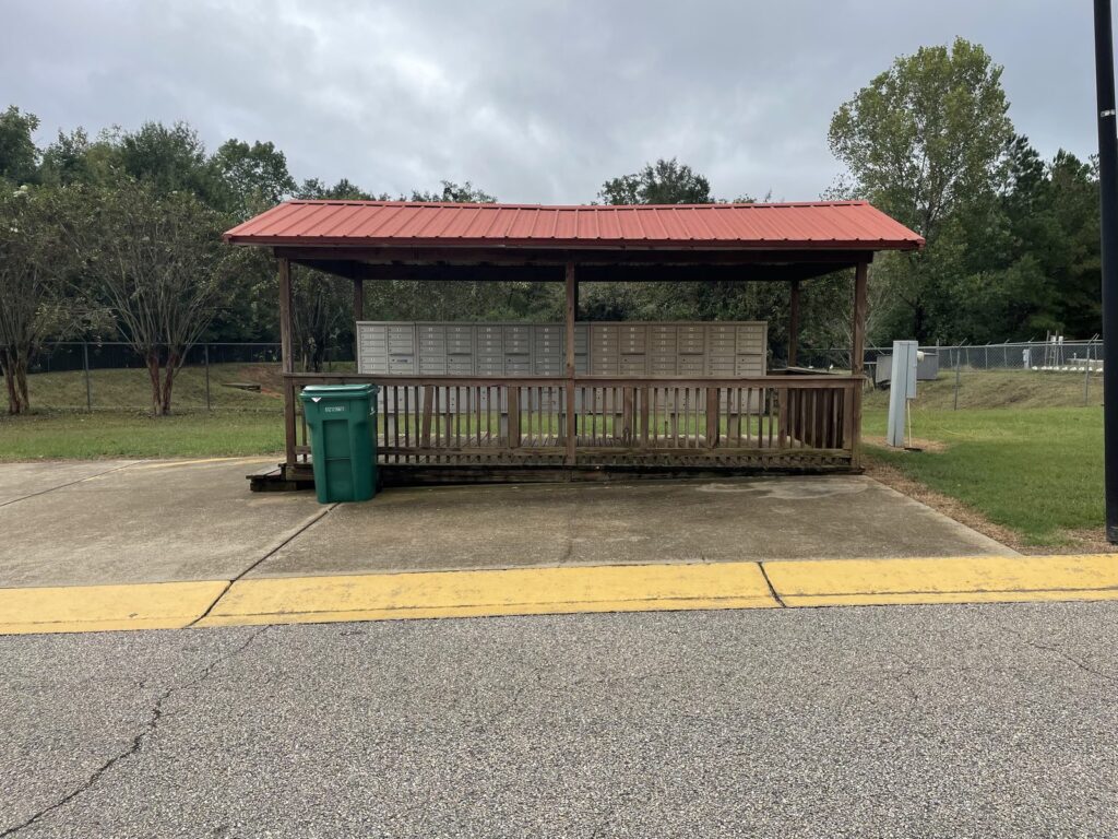 Covered community mailbox shelter at Stonegate Mobile Home Park, Coaling, AL